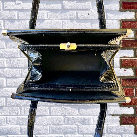 Granada USA Vintage 50's Black Patent Leather Handbag CROC PRINT *flaw - Picture 5 of 15